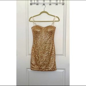 Gold Sequined Strapless Party Dress